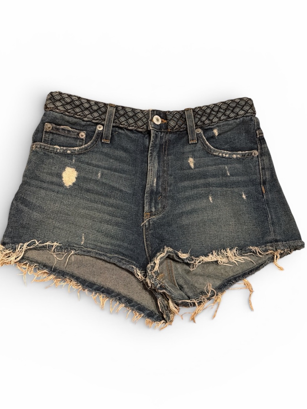 Tularosa Emma High Rise Braided Waist Distressed Denim Shorts